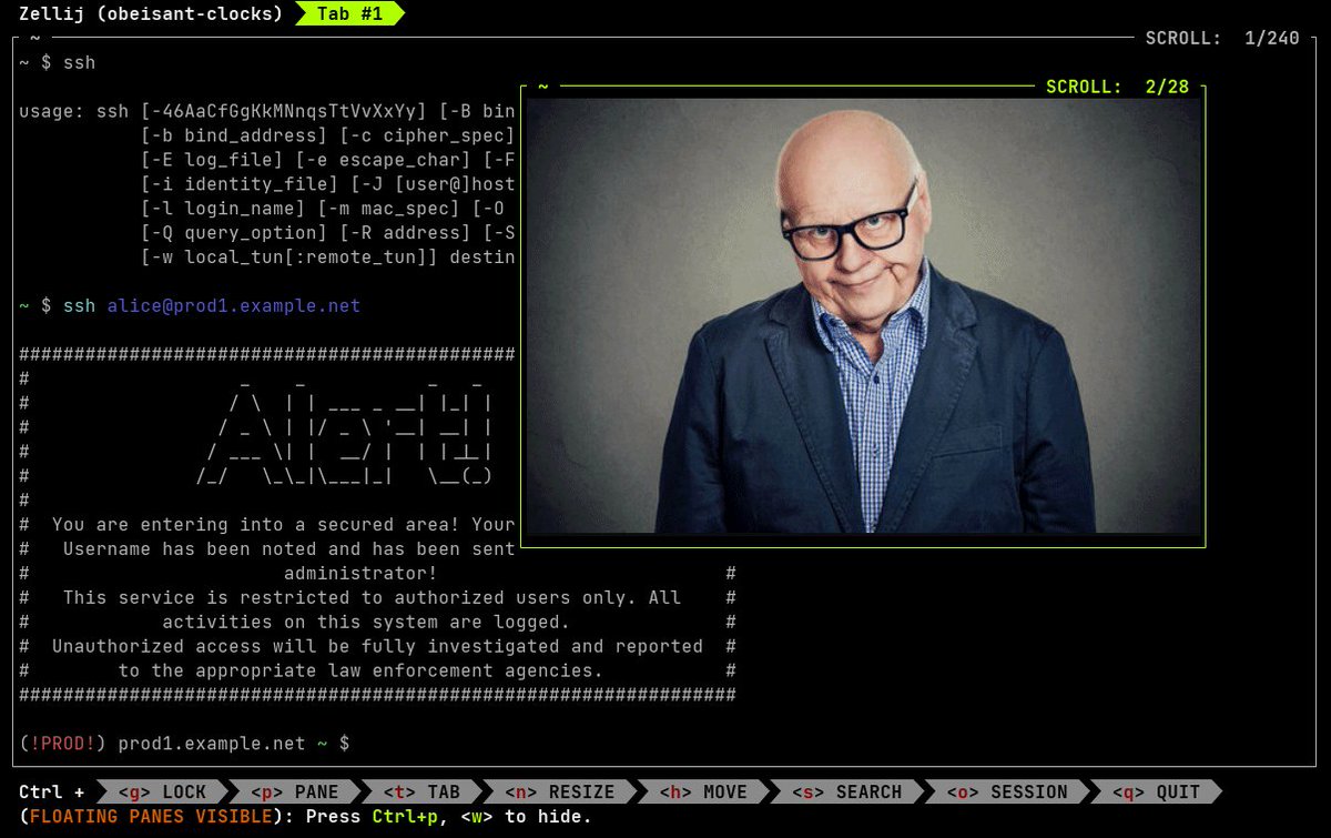 Zellij (@Zellij_dev) on X — POV your sysadmin rigged your terminal to show this when you ssh into production https://t.co/VTUvfk19BL