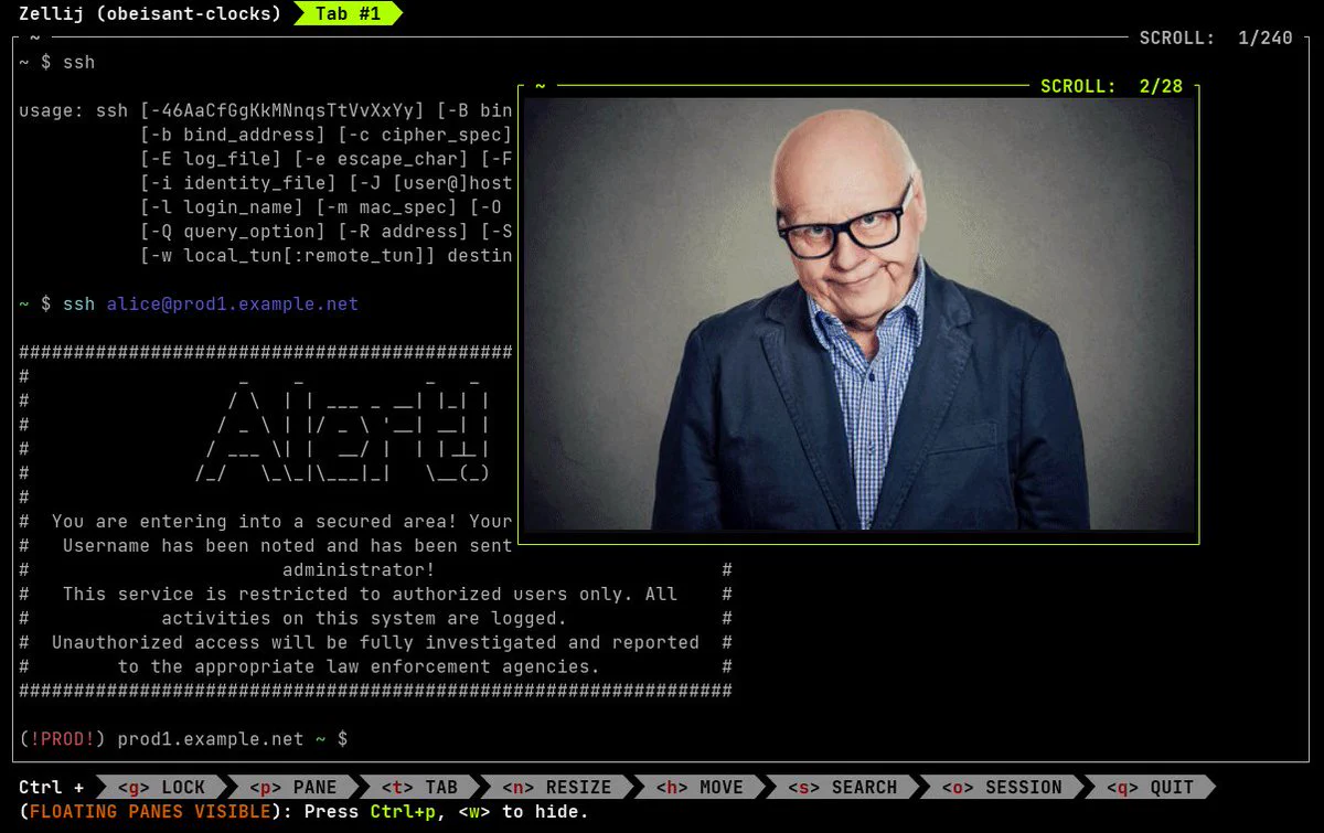 Zellij (@Zellij_dev) on X — POV your sysadmin rigged your terminal to show this when you ssh into production