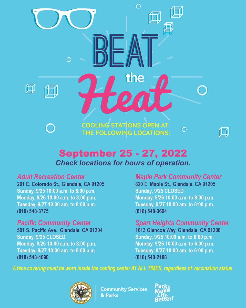 MyGlendaleParks's tweet photo. Cooling Centers are open today. Visit https://t.co/oGA6ftvxyf for locations and hours of operation. #myglendale #myglendaleparks @myglendale https://t.co/EybpN3ddWX
