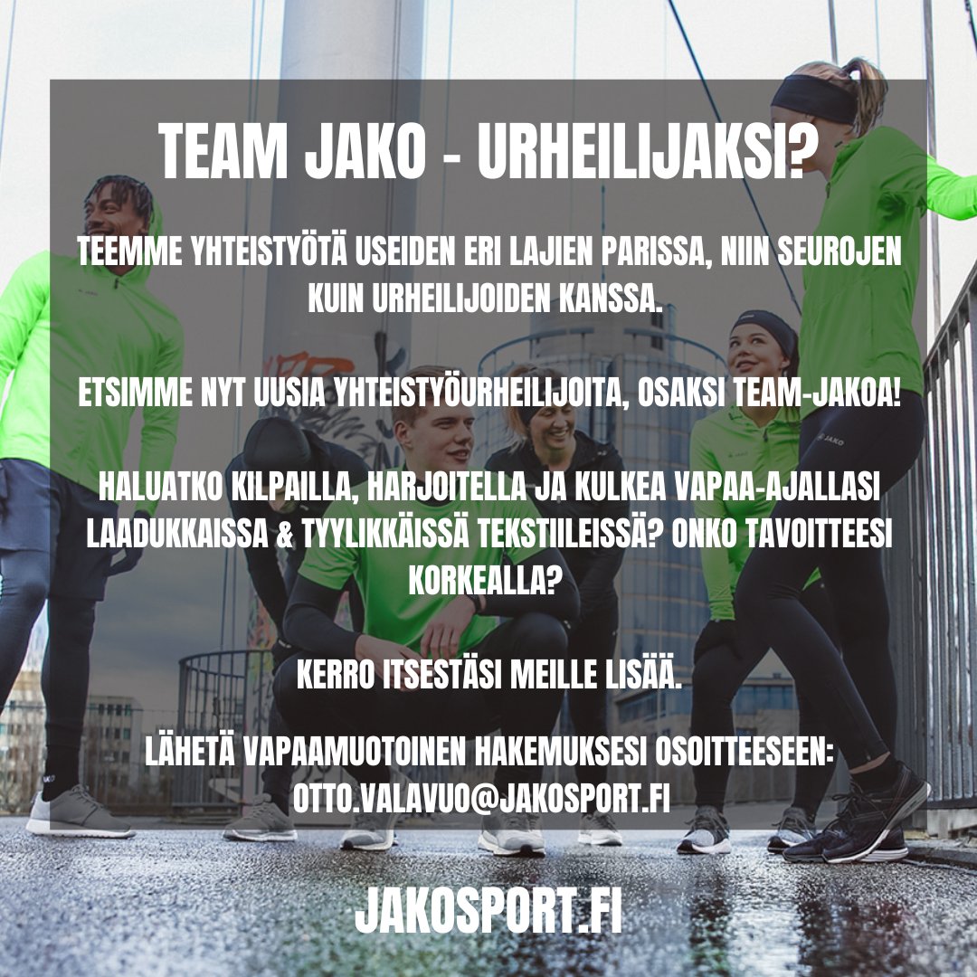 JakoSuomi's tweet photo. Urheilija!🙋‍♂️

Kiinnostaako yhteistyö laadukkaiden ja tyylikkäiden tekstiilien kanssa?🤔

👇 Laita hakemus tulemaan!

#TeamJako #Jako https://t.co/iC0lgVjct4