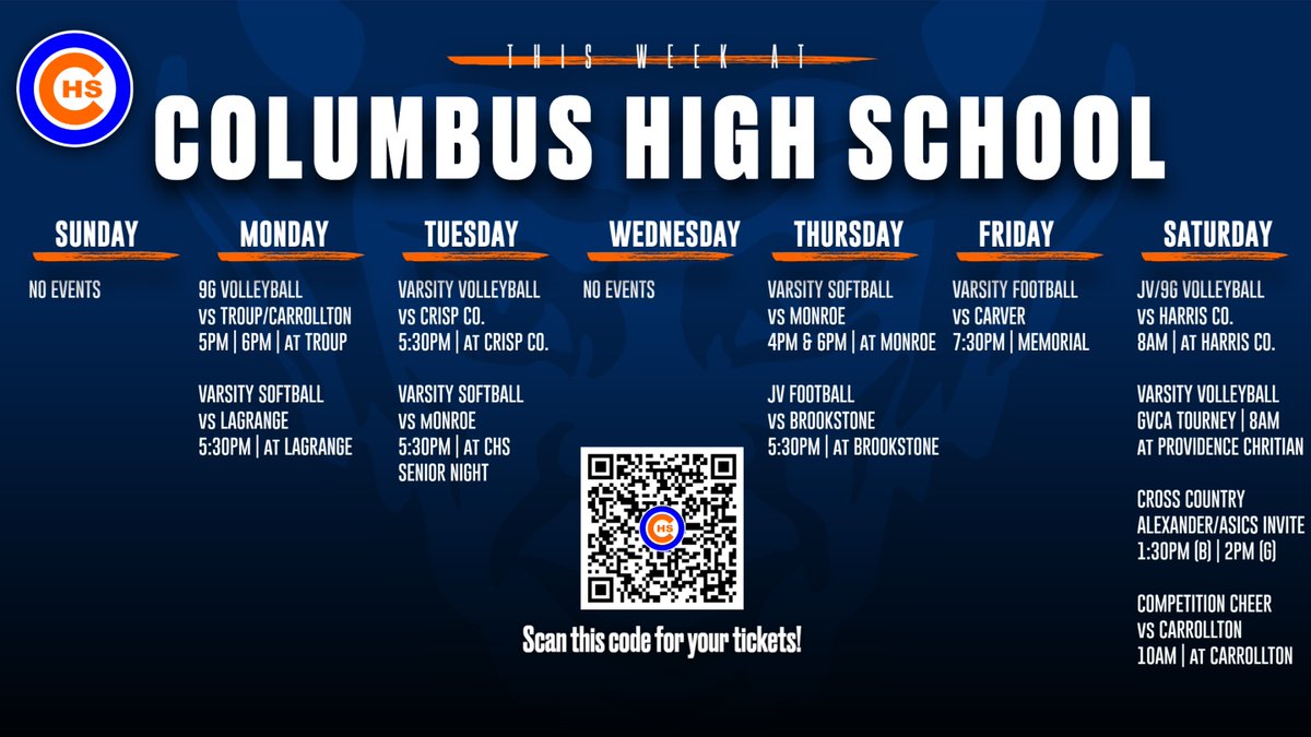 This week in Columbus HS Athletics. Good luck to all of our teams competing this week! Go Blue Devils! #WeAreColumbusHS #BlueHell