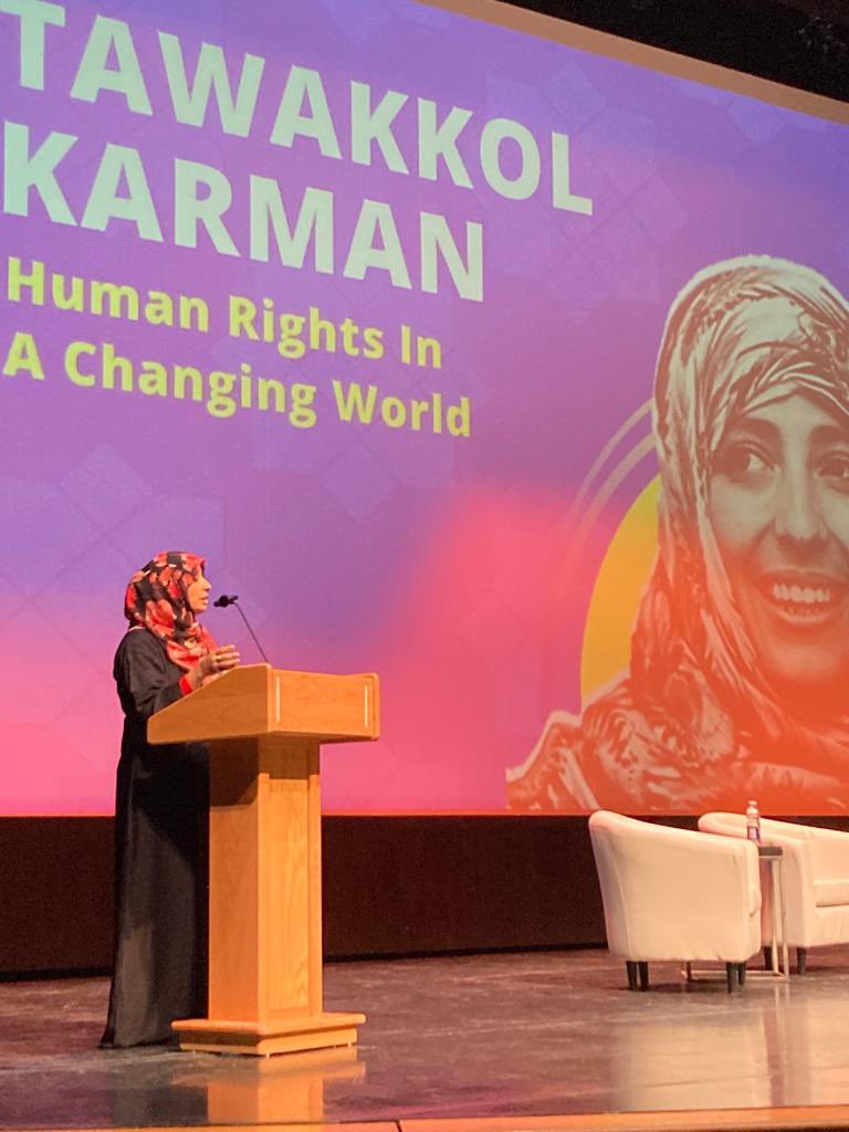The amazing @TawakkolKarman, winner of the Nobel Peace Prize, reminds the world that the horrific crimes of a few people cannot be used to demonize an entire religion or group of people.