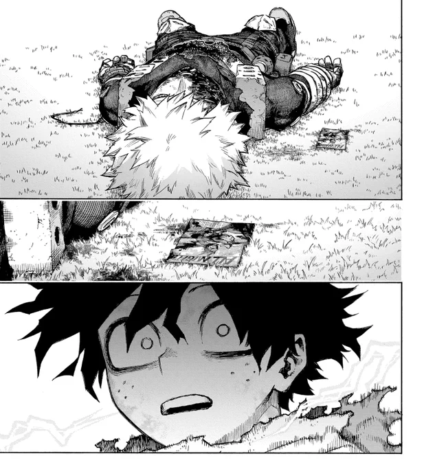 So much focus to the card, Deku is probably realizing Kacchan died giving his all but his dreams are crushed next to him. He never forgot his origin, he's the same as him. So much is lost. I wish we had more emphasis on Deku's pov, he's always suffering w/o expressing himself. 