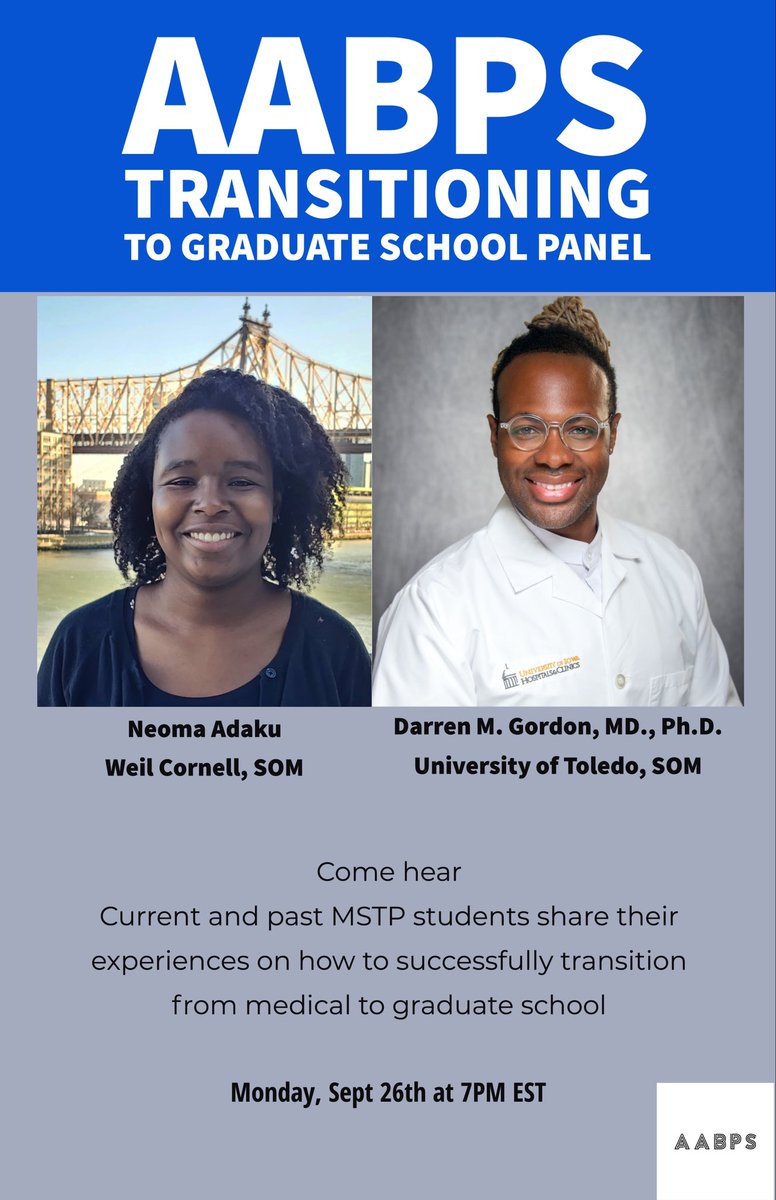 AABlackPS's tweet photo. Tell a friend to tell a friend: Are you an MSTP student seeking a diverse perspective on how to successfully transition from medical to graduate school? Our panelists represent institutions all across the country. Register using the link below: https://t.co/EN5Ni6acl4 https://t.co/mHf5fhAprv