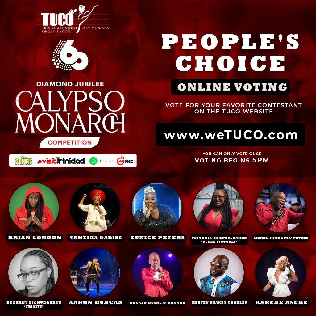 tttliveonline's tweet photo. Diamond Jubilee Independence Calypso Monarch - People's Choice
Vote for your favorite finalist online via https://t.co/CwUixLt3Iw
You can only vote once
Voting starts from 5 pm
#peopleschoice #longlivecalypso #diamondjubilee #thisiswe
#thisisweculture https://t.co/wQ3G97CLQE