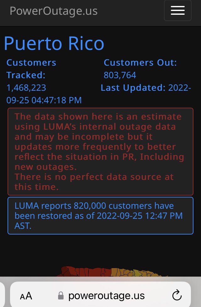 chimeraelf's tweet photo. Sunday Sept 25, 2022
803,764 customers still out https://t.co/KgkGOh24WE #PuertoRico #Blackout caused by #Austerity #DebtTrap + #Privatization #Fiona #FionaPR #FueraLUMA #FueraJUNTA #QuantaServices https://t.co/6IELrOF06Y