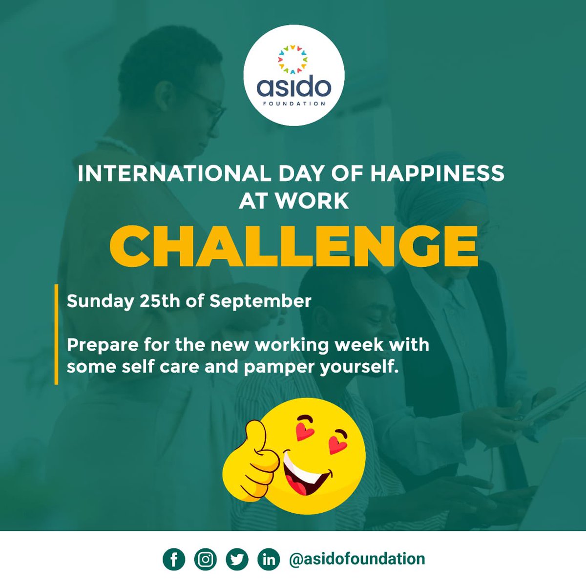 asidofoundation's tweet photo. International day of happiness at work.
🎯 It's a brand new week🥳
🎯Make sure you plan and prepare towards the new working week!
🎯 Make every part of this new week count!
#asido
#asidovision
#InternationalWeekofHappinessatWork https://t.co/CLhneNJrd7