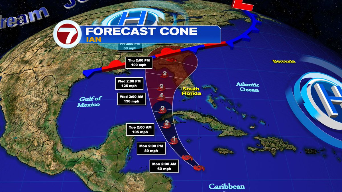 7Weather's tweet photo. Here is the latest forecast cone for Ian. Log on to https://t.co/cRy7hXBDl2 for an interactive version https://t.co/gwrLZAyJuO