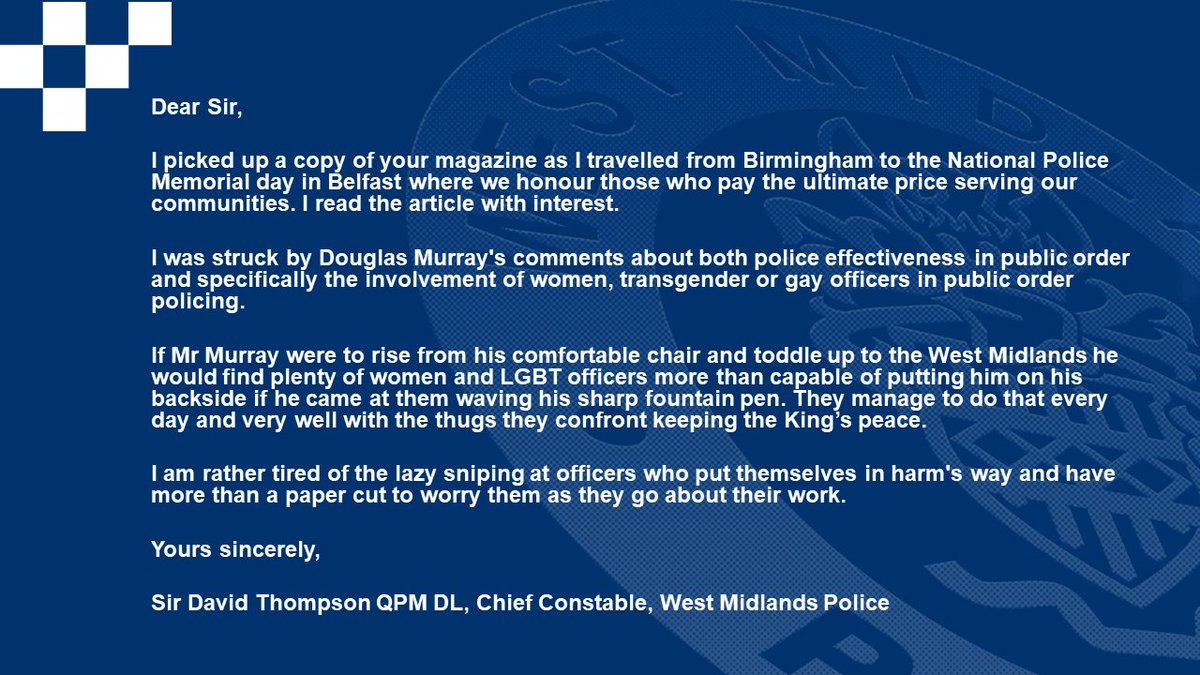 @DouglasKMurray @spectator My letter to @spectator concerning the comments relating to policing in this piece by @DouglasKMurray . I think it is quite demeaning to female and LGBT cops and quite unfair to colleagues in @leicspolice .