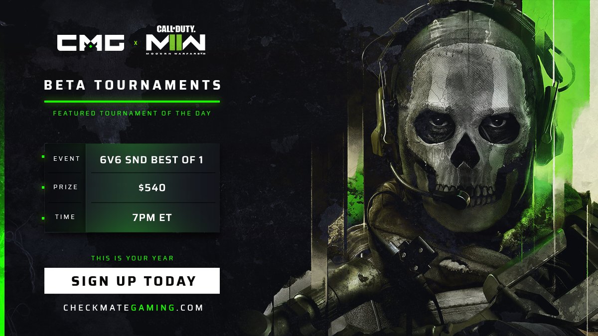 🏆 6v6 MWII SND BEST OF 1 

💰 $540 CASH PRIZE 
⚔️ NA Only | 6v6 | Best of 1 
📅 7:00 PM EST / 4:00 PM PST

Sign up here: checkmategaming.com/tournament/cro…