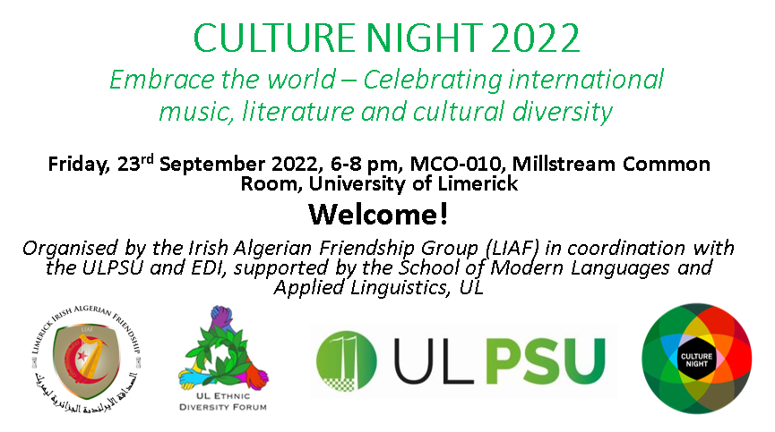 liafgroup's tweet photo. Embrace the world – Celebrating international music, literature and cultural diversity as part of #CultureNight2022  @liafgroup @ULPSU @HR_EDIUL @tyos_project  @UL https://t.co/hQQOZYJelT