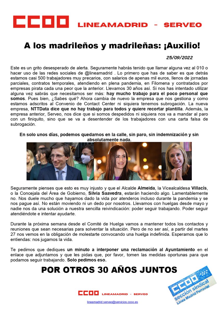 CCOOlineamadrid's tweet photo. A toda la ciudadanía de Madrid: AUXILIO.
Ayúdanos interponiendo tu reclamación en este enlace: https://t.co/io7fXPZD8F

#FamiliaLineaMadrid https://t.co/60BDLLBIqk