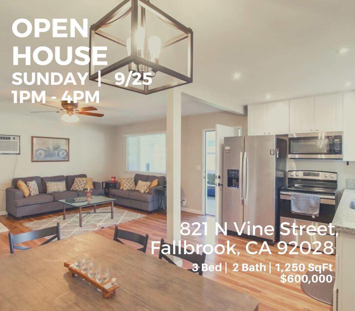Timkirk25's tweet photo. Open House today!
Sunday 9/25/22
1Pm-4Pm
💫Just Listed💫 Want a lower interest rate than today's numbers? Ask me about the assumable loan on this property!
📍 821 N Vine St., Fallbrook, CA 92028
•3 bedrooms
•2 Bathrooms
•1,250 Square Feet
•0.22 Acre Lot
•Offered at $600,000 https://t.co/8SXkNJMRE9