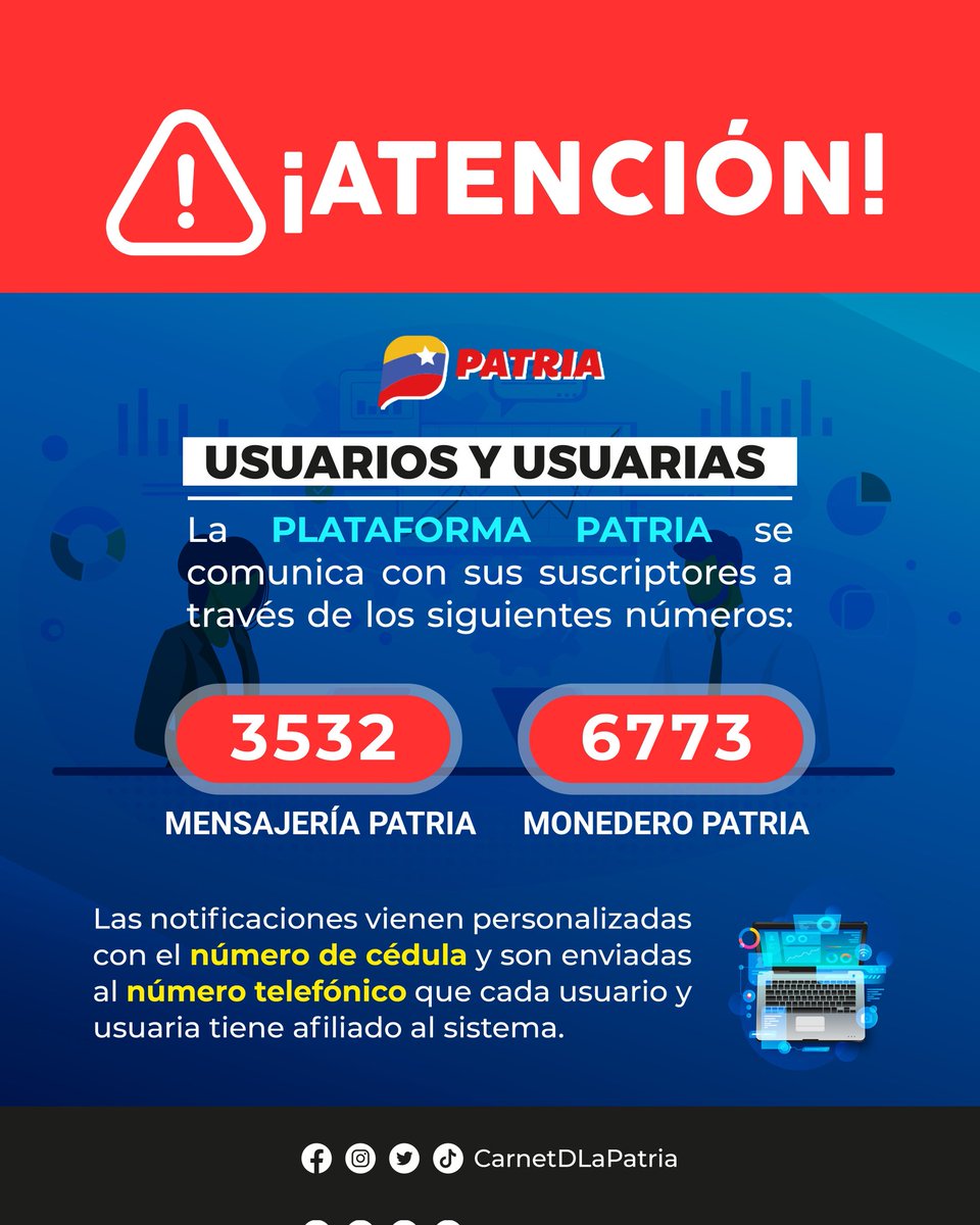 #IMPORTANTE La #PlataformaPatria, se comunica con sus suscriptores sólo a través de los siguientes números: 
3532 Mensajería Patria
6773 Monedero Patria

#SistemaPatria, siempre al servicio del pueblo.

#DiálogoYPaz #UniónYPaz #25Sep
