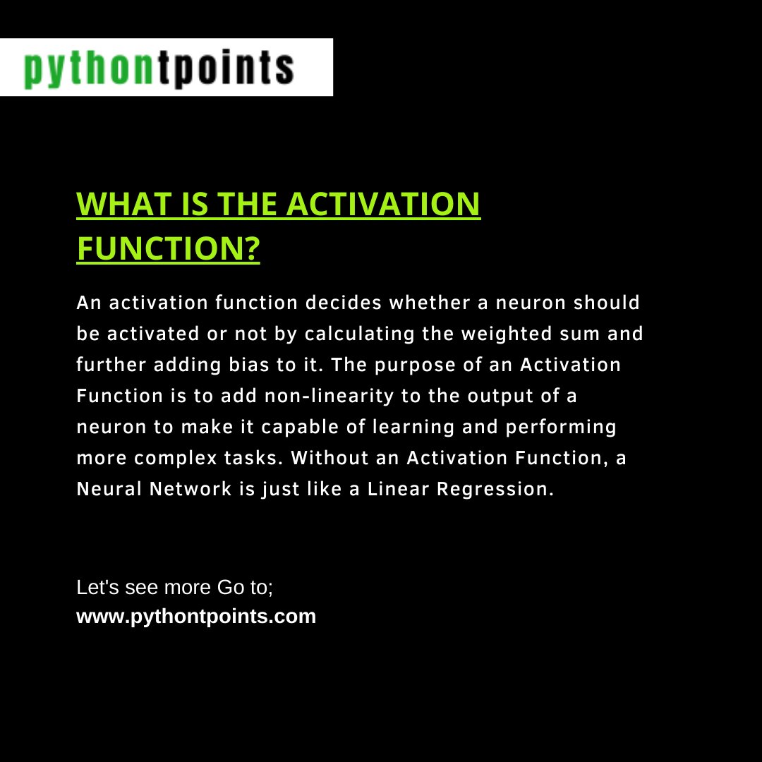 Mubasher_Bajwa's tweet image. Introduction to #ActivationFunction

#AI #MachineLearning #ANN #CNN
#ArtificialIntelligence #ML #DataScience #Data #Database #Python #programming #DeepLearning #DataAnalytics #DataScientist #DATA #coding #newbies #100daysofcoding