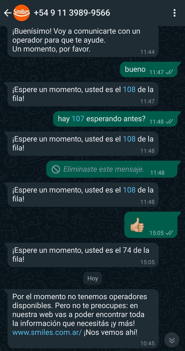 SGuzman1986's tweet photo. @SmilesOficialAR quiero comunicarme con un operador por favor!!! El teléfono de contacto me manda a WhatsApp y en WhatsApp no contestan https://t.co/W3Y1Dhpg4B