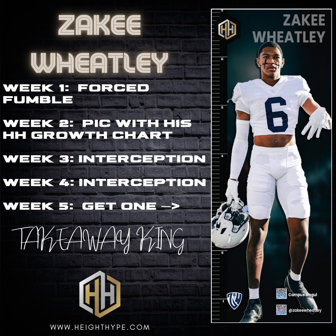 height_hype's tweet photo. Another huge week for @ZakeeWheatley. The takeaway king kept things going in Week 4. Grab your Height Hype #growthchart featuring #zakee! #takeawayking #psu #psufootball RT please🔥 https://t.co/DpbCQwTqAn