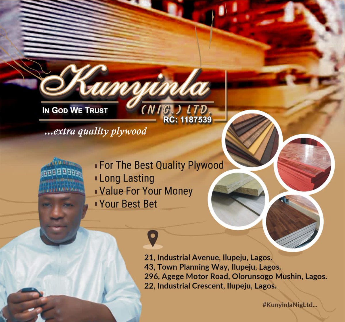 OlaitanBashir8's tweet photo. Do u need plywood,strong ,reliable and of best quality. 
Try us and see d difference.
Kunyinla Nigeria limited is the leading company in best quality  plywood u can think of.
Visit any of our branches today.
A trial will convince you
Kunyinla 
Exte quality plywood 
#kunyinla https://t.co/al8KTiGw48