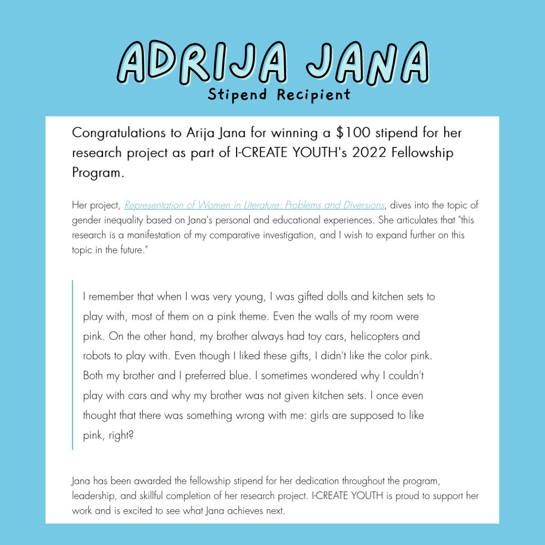 I-CREATE YOUTH | #DISABILITYRIGHTS (@icreateyouth) on Twitter photo We're thrilled to announce Adrija Jana as the 2022 <a href="/icreateyouth/">I-CREATE YOUTH | #DISABILITYRIGHTS</a> Fellowship Program stipend recipient. Congratulations Adrija for her research project "Representation of Women in Literature!"
Read about Adrija, her projects, and the program stipend at icreateyouth.com/post/interview…. We're thrilled to announce Adrija Jana as the 2022 <a href="/icreateyouth/">I-CREATE YOUTH | #DISABILITYRIGHTS</a> Fellowship Program stipend recipient. Congratulations Adrija for her research project "Representation of Women in Literature!"
Read about Adrija, her projects, and the program stipend at icreateyouth.com/post/interview….