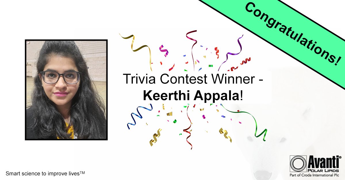 AvantiResearch's tweet image. Congratulations, Keerthi Appala, we hope you enjoy the Avanti t-shirt! Keerthi is a Graduate Research Assistant at the University of Georgia.

The question was: &quot;Avanti&apos;s first SPLASH mixture was optimized for __________.&quot;

The correct answer was &quot;Blood Plasma&quot;!