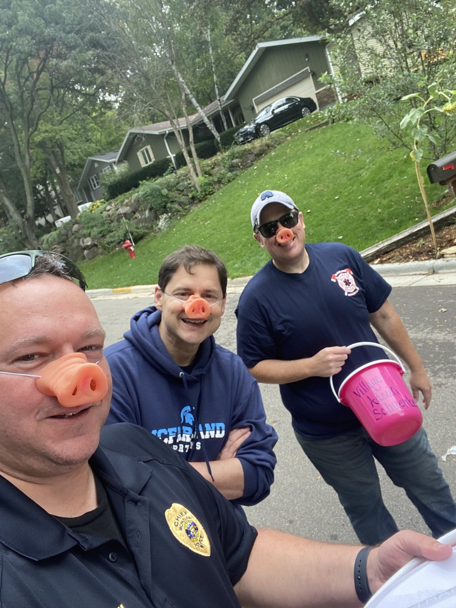 Chief_Chapin's tweet photo. Village Administrator Matt Schuenke, MSD Superintendent Aaron Tarnutzer, and I are “Kiss the Pig” contestants.  Money raise will go to our charity of choice and the “winner” gets to #kissthepig https://t.co/N0LydZOc6E