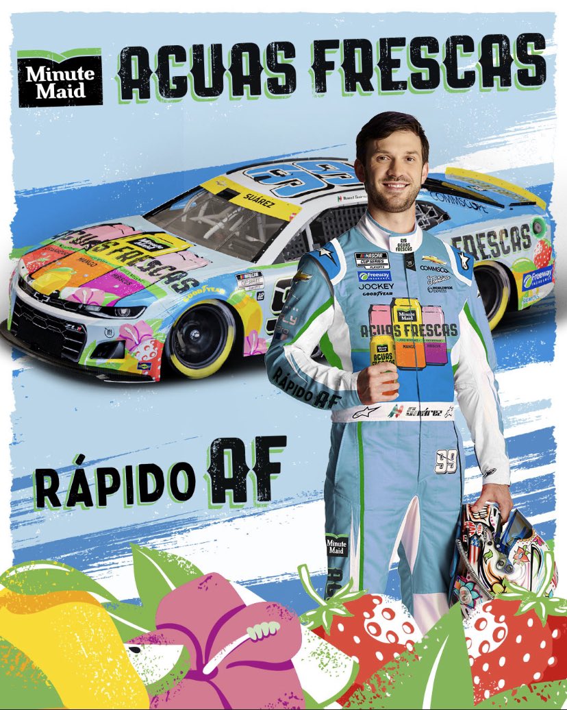 CocaColaRacing's tweet photo. With a paint scheme this bold, we won’t be able to take our eyes off of @Daniel_SuarezG in his @MinuteMaid Aguas Frescas paint scheme today @TXMotorSpeedway❗️#RefreshingAF https://t.co/vBmbE40Hju