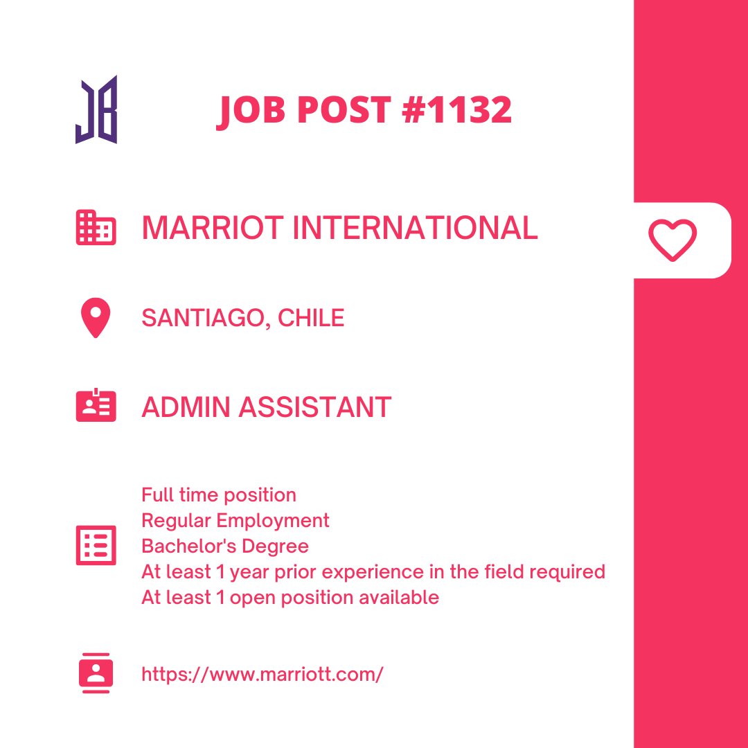 BTSARMYJobBoard's tweet photo. #BAJBChile
Santiago, Chile
https://t.co/3pmpG6baPd
#BAJBHospitality
ARMYs, kindly contact the job poster / hiring party directly for more information. π
Good luck! π https://t.co/8JlBp7AyCQ