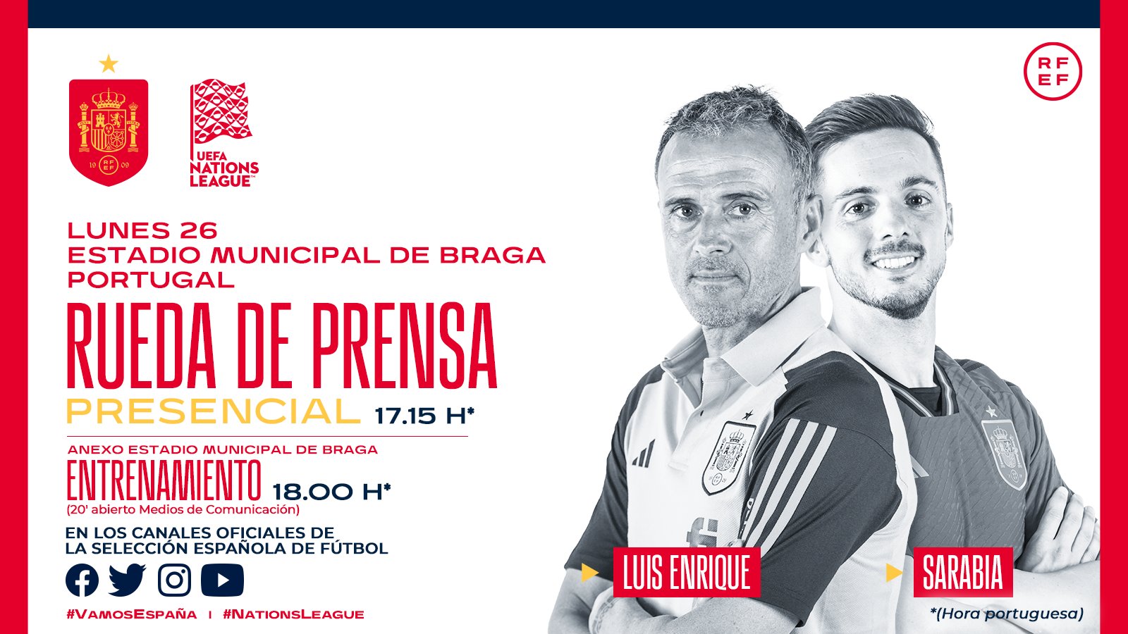 Ο χρήστης Selección Española de Fútbol στο Twitter: "🗓️ AGENDA | 26 de septiembre 🗣️ 17:15* | Rueda prensa @LUISENRIQUE21 y en Municipal de Braga 💪🏻 18:00* | Entrenamiento (