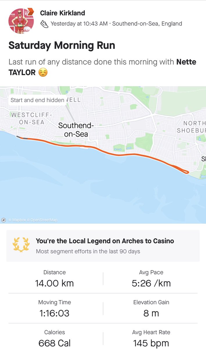 cK_Kirkland's tweet photo. Last run of any distance done and dusted yesterday with @dreamsweep once our @parkrunUK duties were over 🏃🏼♀️ attempting to stick to pace - slightly quicker than we needed to be so need to be stricter on race day to survive the distance 😳 #ukrunchat #running #Southend #pacerun https://t.co/LhcY8ul9LT