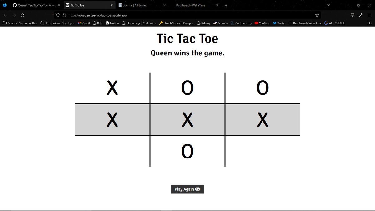 QueueElTee's tweet photo. Day 58:

🔶 ORGANIZING JAVASCRIPT CODE → Tic Tac Toe Project:
🔹Fixed an issue with the game board hover effect.
🔹Added media queries.
🔹Deployed the site.

- View Live: https://t.co/2qMSHskS8A
- GitHub Repo: https://t.co/OKUUtfhTWt

#TheOdinProject #100DaysOfCode #javascript https://t.co/gcqb9MBi6a