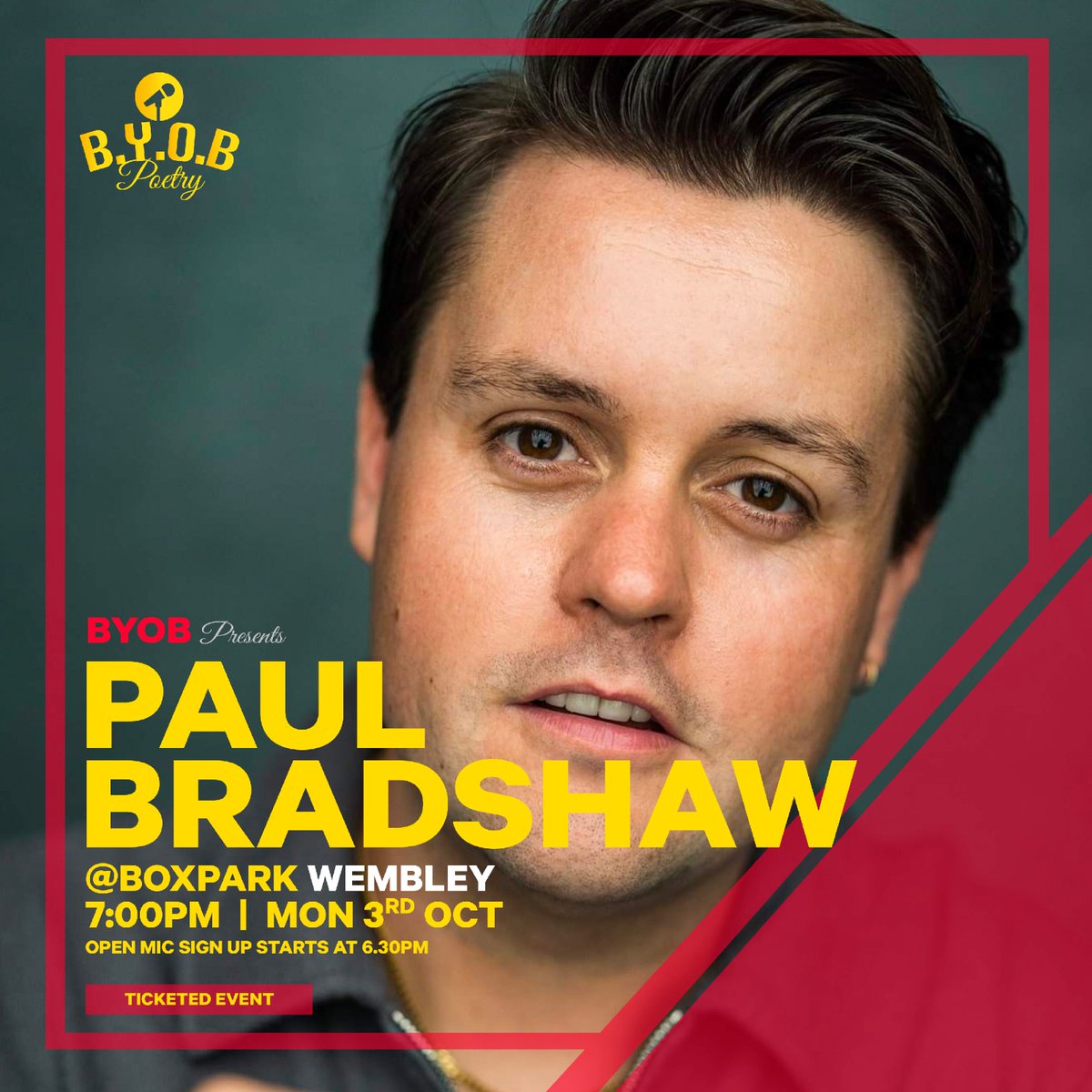 ByobPoetry's tweet photo. @_paulbradshawuk headlines our next show on 3rd October for an emotional set taken straight from the stage!

🚪Doors open 6.30pm
🎟️ https://t.co/HDYdqO0gSD - £5 suggested donation
🎤 Open mic sign up on door

See you soon!

#spokenword #poetry #openmic #byobpoetry https://t.co/v9QbmLQK9T