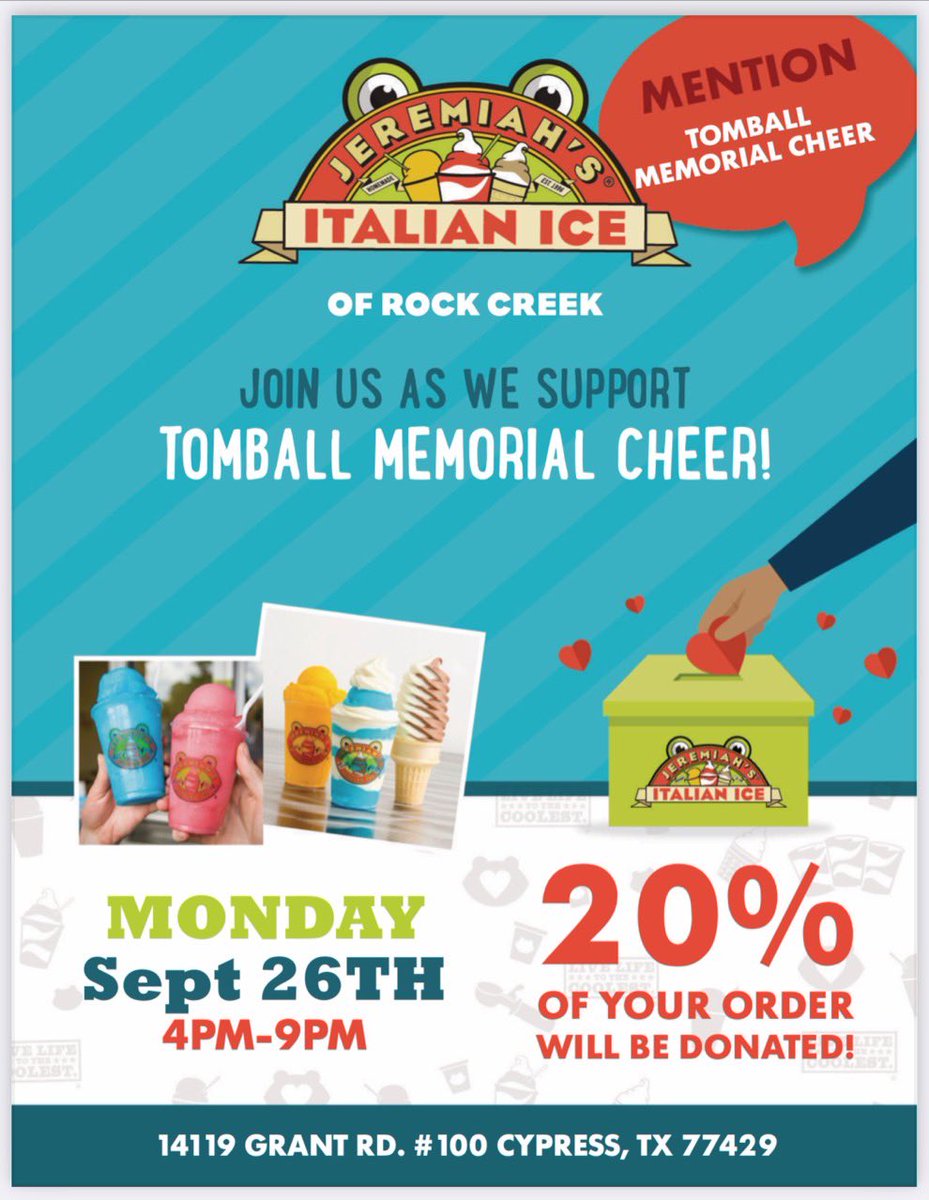 TMHSCheer2020's tweet image. Join us tomorrow at Jeremiah’s Italian Ice for another TMHS CHEER Spirit Night! Be sure to mention Tomball Memorial Cheer, and we will get 20% of your purchase! 🧊 🍨 #supportcheer #tmhscheer #italianice