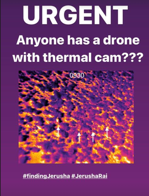 RatanKarna's tweet photo. Urgent! If you have a thermal drone please contact! #Jerusha #JerushaRai #FindingJerusha #RT https://t.co/zsIayCzQir