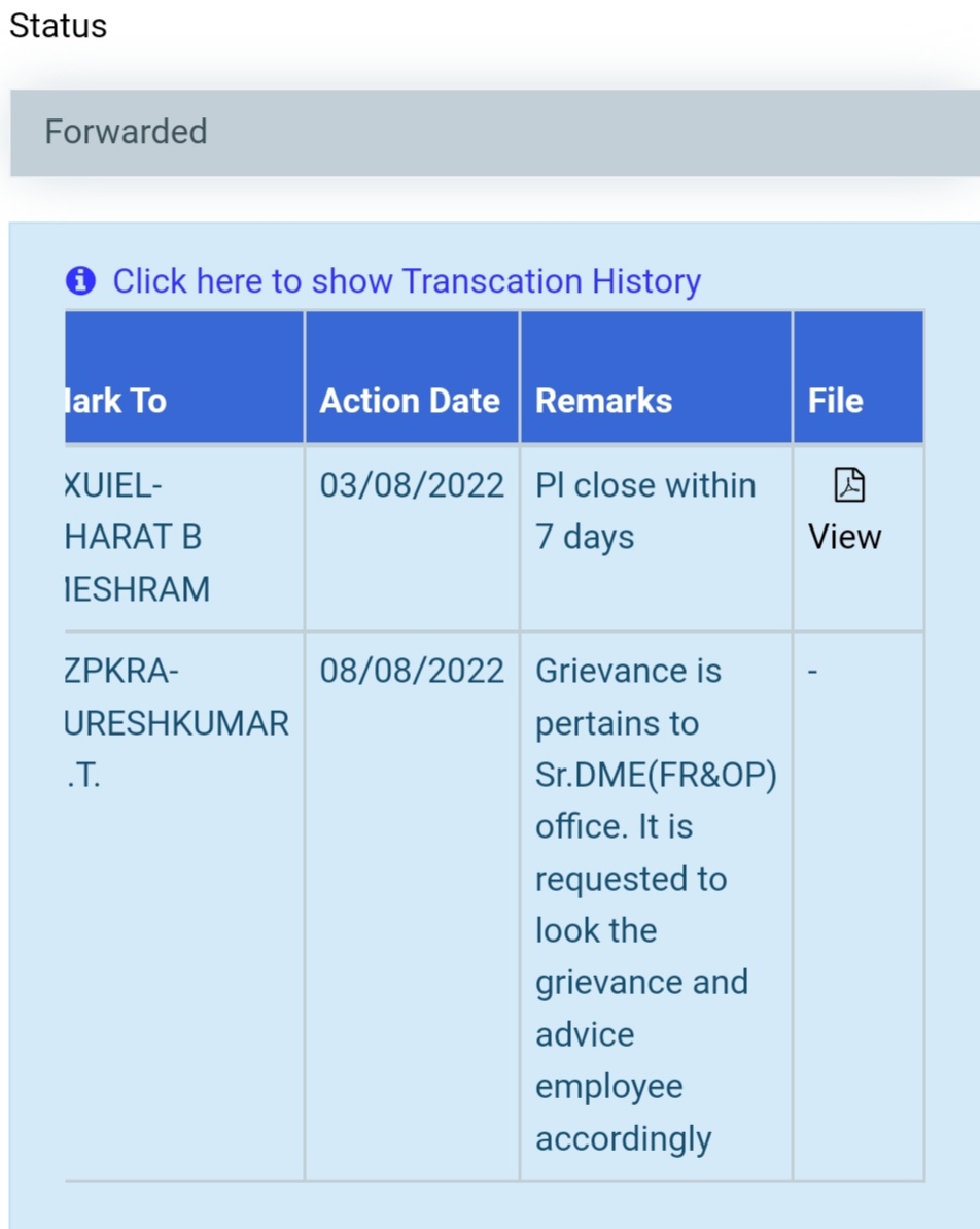 Is thr any time limit 2 Close a grievance regd via HRMS module ?
if so please provide me the no. of days?
&amp; authorities to whom we can approach in case f Case not Closed witin th limits!
<a href="/amofficialCRIS/">Centre For Railway Information Systems</a> <a href="/RailMinIndia/">Ministry of Railways</a> <a href="/Central_Railway/">Central Railway</a> <a href="/GM_CRly/">GM Central Railway</a> <a href="/RailMadad/">RailMadad</a> <a href="/RailwaySeva/">RailwaySeva</a> <a href="/drmmumbaicr/">DRM Mumbai CR</a>