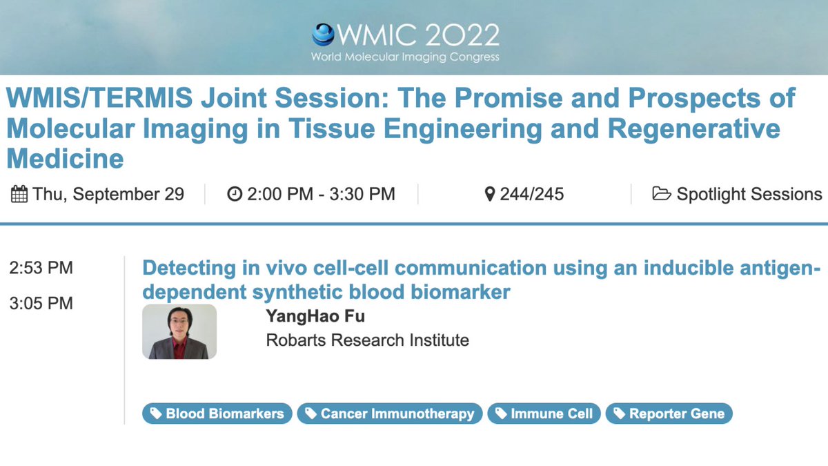 Also on Thursday, September 29th will be a talk by MSc Student, <a href="/Jerry_Fu_CMIG/">Jerry Fu</a>! Jerry will be presenting in the Spotlight WMIS/TERMIS Joint Session on "Detecting in vivo cell-cell communication using an inducible antigen-dependent synthetic blood biomarker".
#WMIC2022