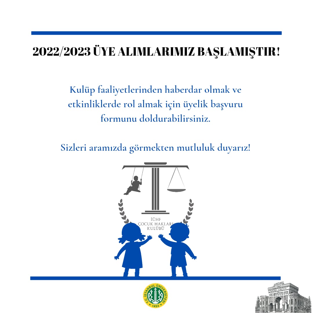 İÜHF Çocuk Hakları Kulübü üyelik başvurularımız başlamıştır. Sizleri aramızda görmekten mutluluk duyarız.💚
Başvuru Formuna Bio'daki linkten ulaşabilirsiniz.