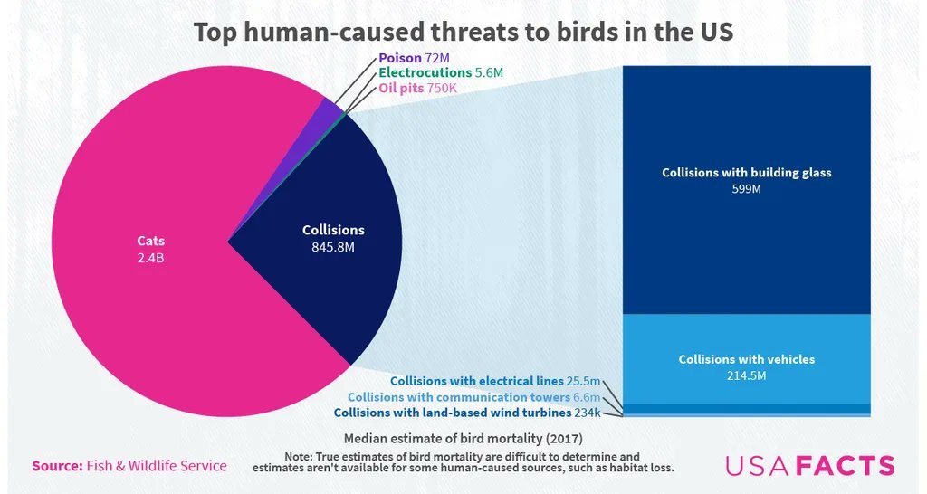 simongerman600's tweet photo. Top human-caused threats to birds in the US. If you are against wind energy because they threaten birds, I am sure you are also fighting to outlaw cats. Source: https://t.co/Nbz1AhalBS https://t.co/yKaUhEUgsO