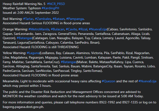dost_pagasa's tweet photo. Heavy Rainfall Warning No. 5  NCR_PRSD
Weather System: Typhoon #KardingPH
Issued at: 2:00 AM,26 September 2022 https://t.co/NI2W3iH8Vg