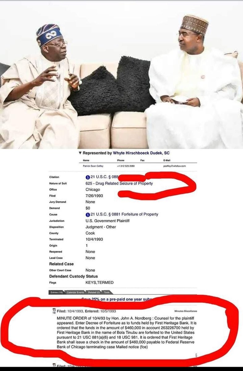 TonyeBarcanista's tweet photo. APC Bola Tinubu meets the Chairman of National Drug Law Enforcement Agency @Ndlea_Nigeria Brig. Gen Buba Marwa

I hope Marwa is aware of the Drug related forfeiture judgement against Tinubu in Chicago, USA on 10-April-1993.

I have attached the document in case Marwa is not aware https://t.co/To0GgZfo7p