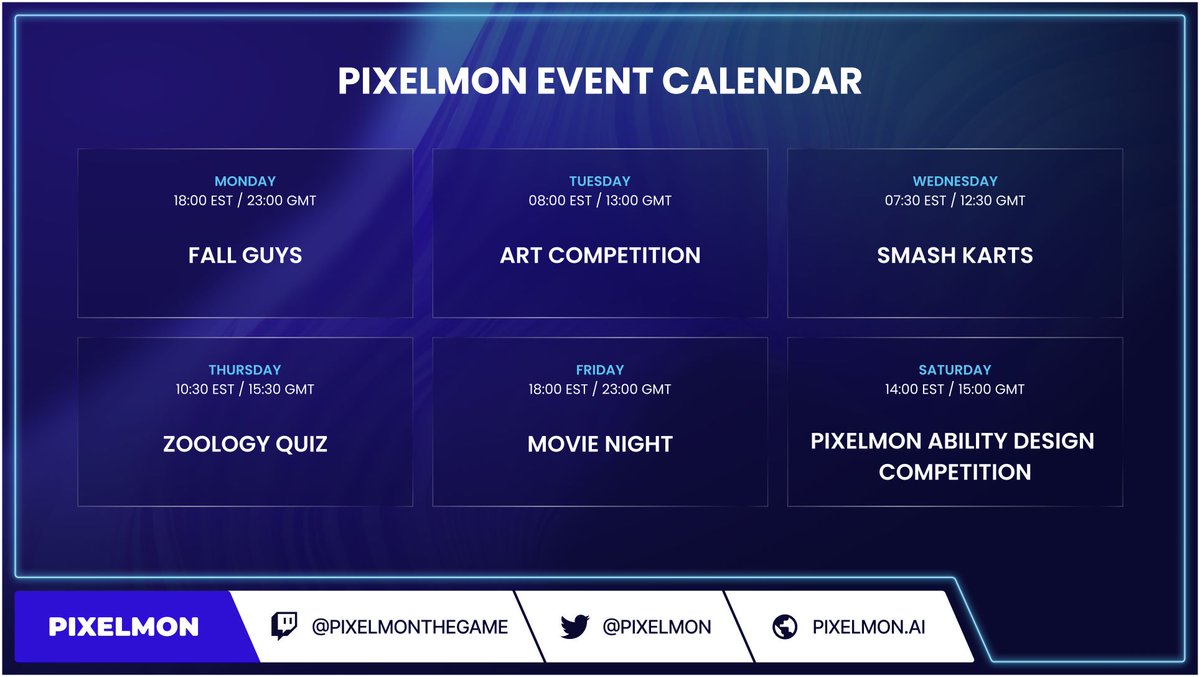 Check out this weeks in-discord event calendar! 

Hop into the Pixelmon discord to find out more about our events, ecosystem and the various rewards holders can win!