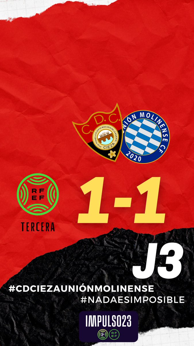 FINAL

Reparto de puntos en La Arboleja. El gol espartero fue obra de <a href="/fbarbera7/">Fran Barberá Rubira</a>

¡+1, seguimos #aficion!

#CDCiezaUnionMolinense
#NadaEsImposible