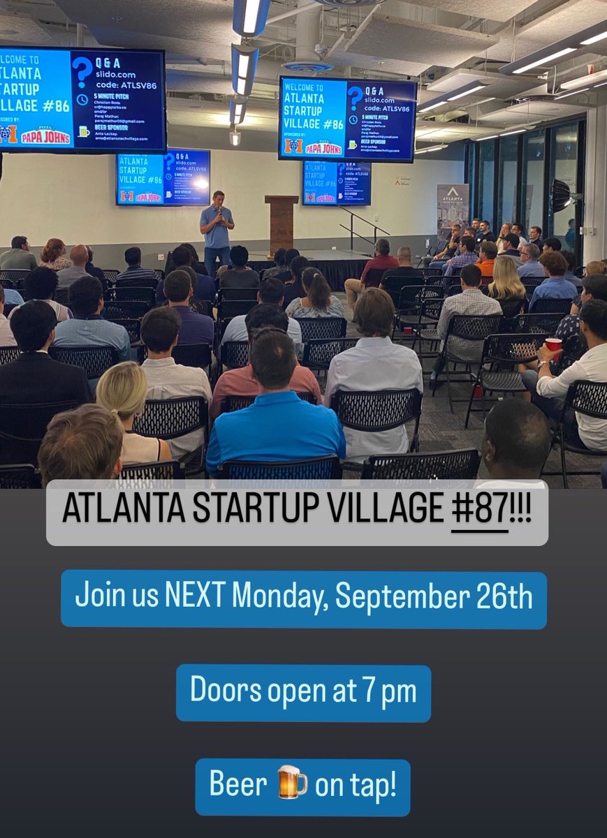 atlsv's tweet photo. Tomorrow is the day friends!  
Come connect at @atlsv #87  

📍@ATLTechVillage 

On deck to pitch 👇

🏈 4 Second Football 

👕 @SwaasiSWAG 

🎶 Underground App

🐦 Pinpoint

🧑‍🍳 Mr. Tomato 🍅 (uh huh, that’s right)

Tix here 👉 https://t.co/HxhVxctDiC

#startups #atlantameetup https://t.co/nEMasOI6Wu