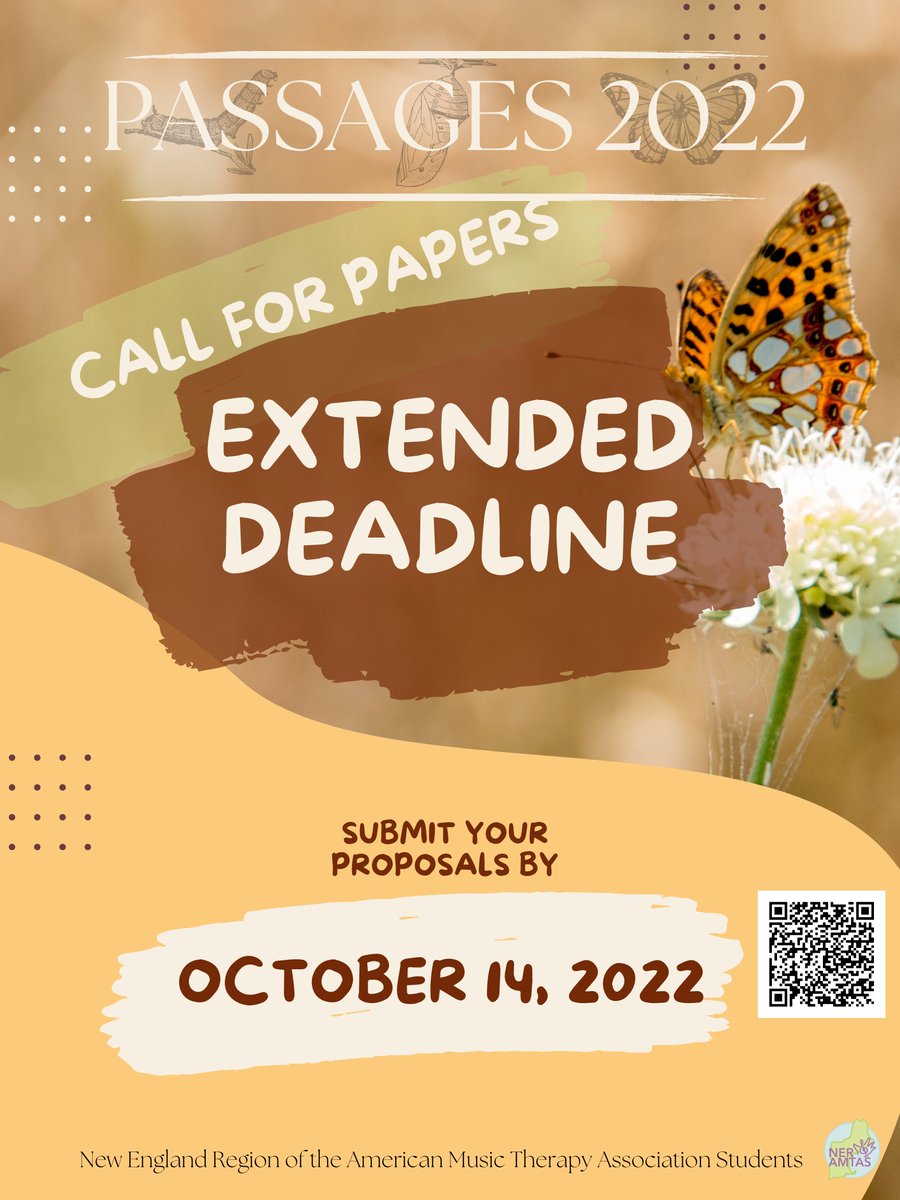 NERAMTAS's tweet image. We've extended our deadline for paper submissions for Passages!!! Proposals are now due by October 14, 2022 Submit them here: docs.google.com/forms/d/e/1FAI…. ✍🏽⁠
⁠
#passages #neramtas #musictherapy #students #deadline⁠
