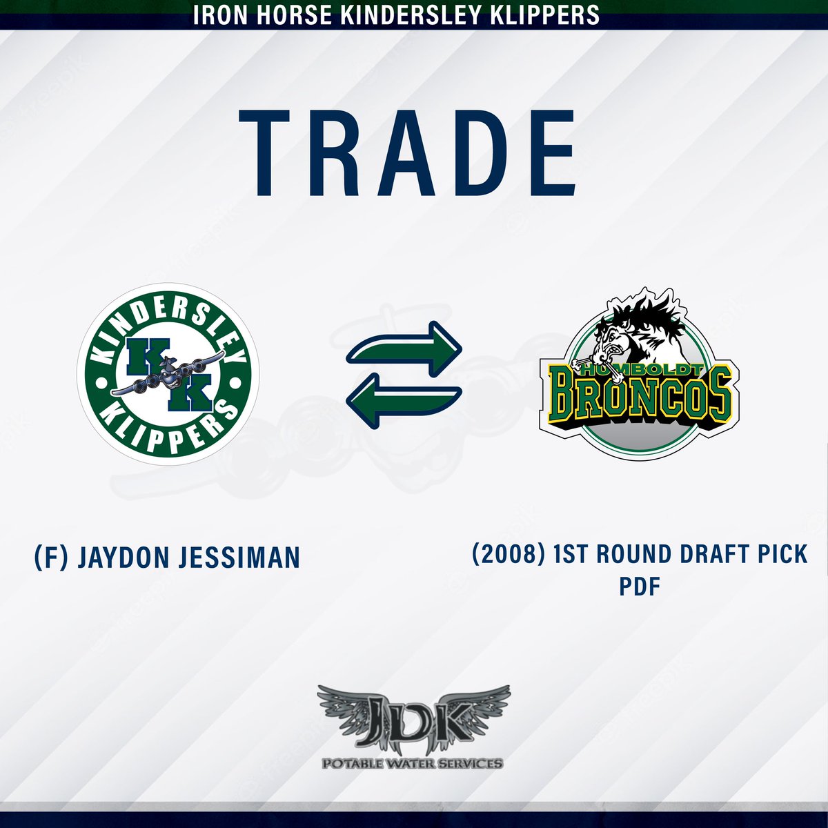 KlippersHockey's tweet photo. π¨π:
The Klippers have acquired Forward Jaydon Jessiman from the @HumboldtBroncos in exchange for a 1st round draft pick (2008) and a PDF.
#SJHLTransaction | #KlippersHockey https://t.co/DvVne7uxZY