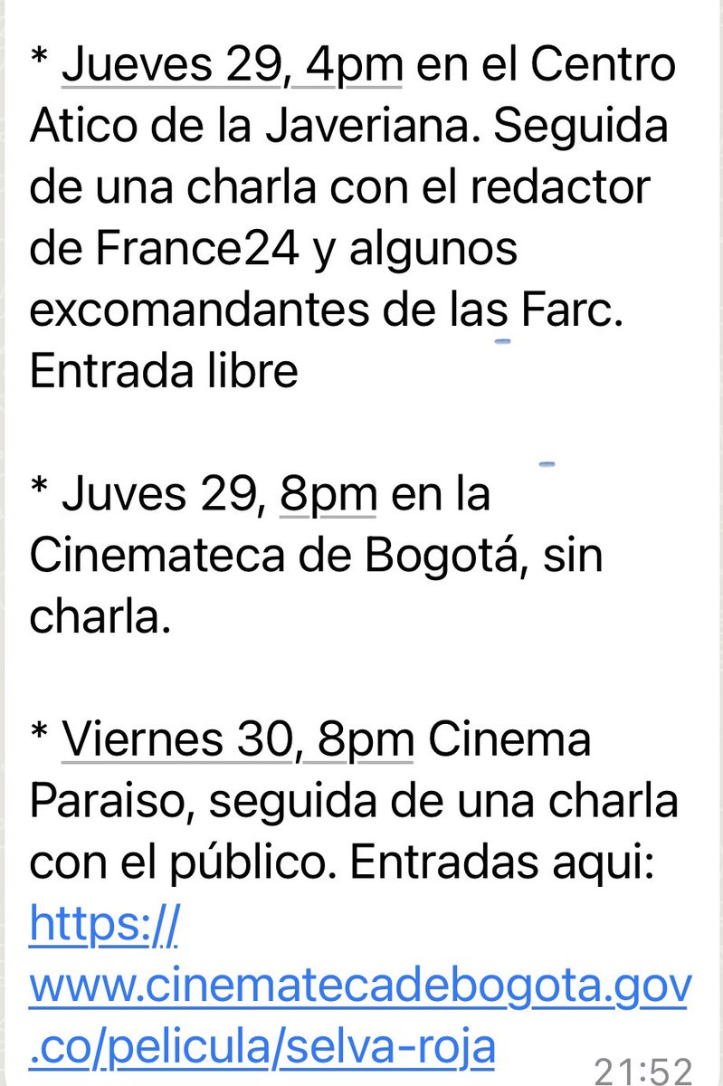 salazarpmarce's tweet photo. 🧵🧵📽”Jungle Rouge” Selva Roja estreno en Bogotá en el marco de @CineFrancesCol Jueves 29 -09 @centroatico 4 pm y @CinematecaBta 8 pm Viernes 30-09 @cinemaparaiso 8 pm¡no se la pierdan! https://t.co/kr6vXhAMXu