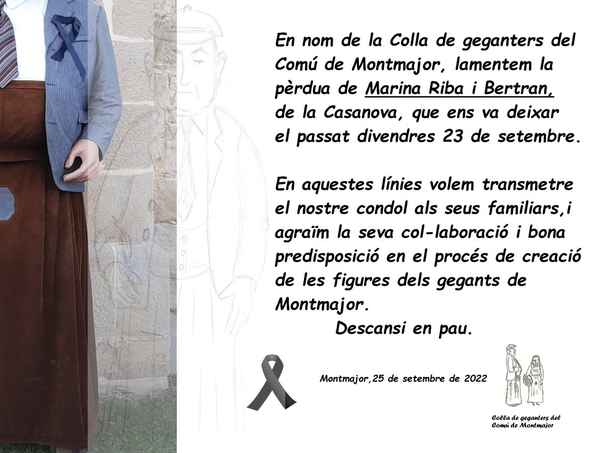 MontmajorGegant's tweet photo. Descansa en pau, Marina. #notadecondol #montmajor https://t.co/xIKgVvoifH