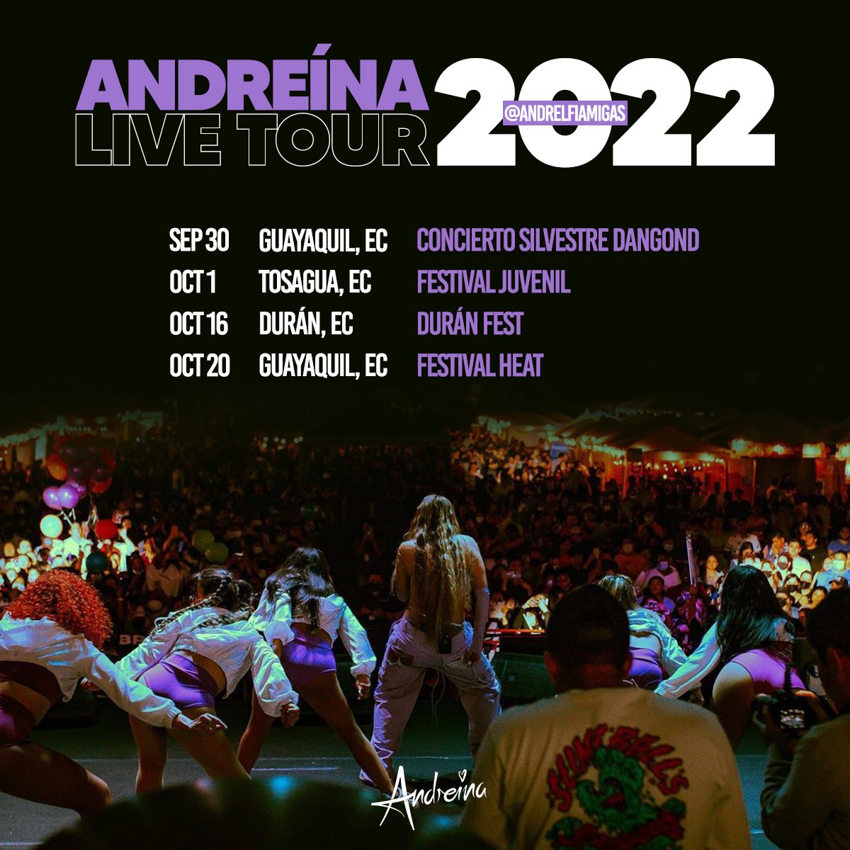 andrelfiamigas's tweet photo. ANDREÍNA LIVE TOUR 2022: Próximas fechas 💜✨

Las personas que puedan ir, no se pierdan este increíble show de nuestra @andreinabravo11, lleno de mucha energía y obviamente mucho ARTE 🎨🎶🎤

#TeamAndrelfi https://t.co/4pvB7vyxEA