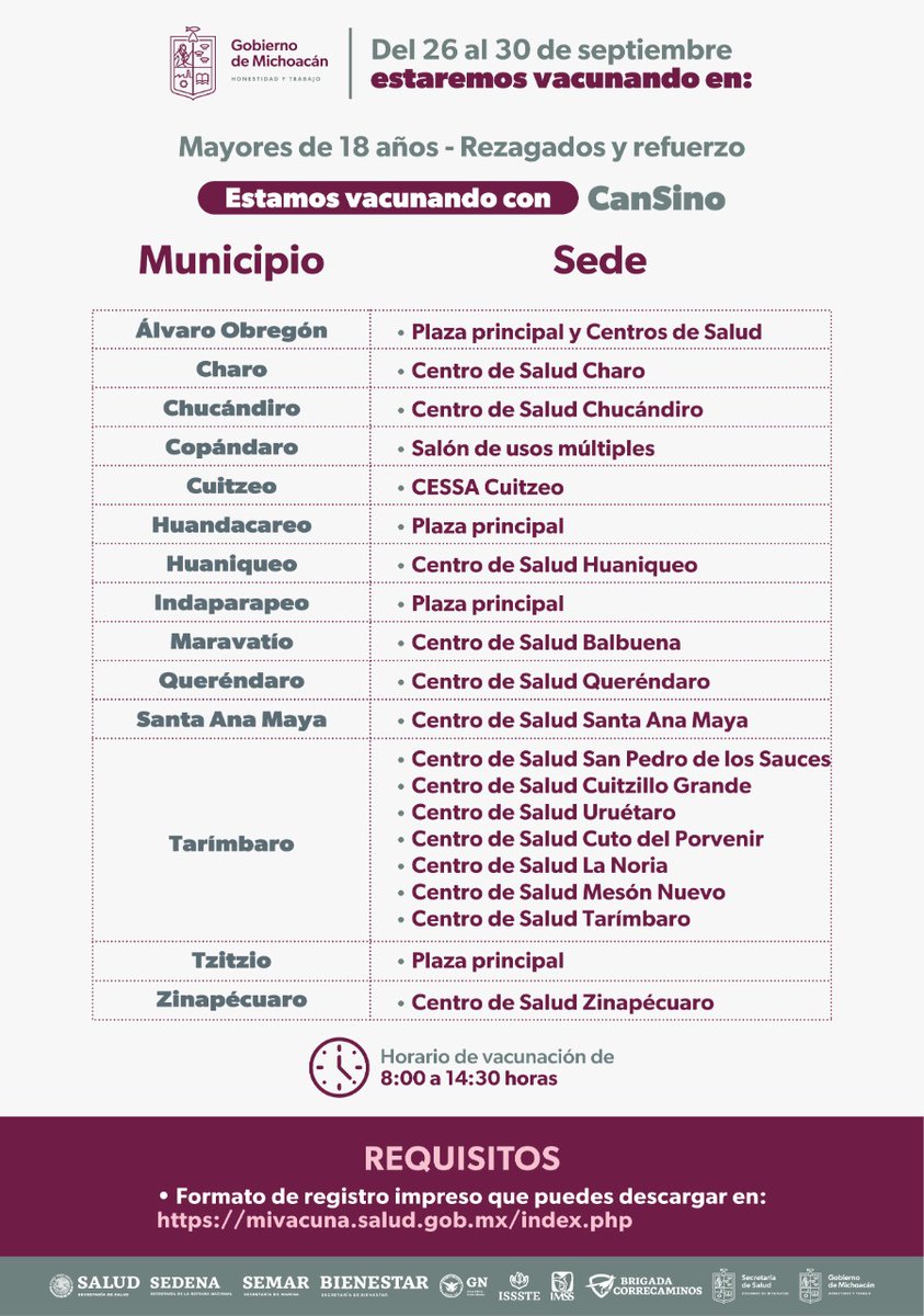 SSalud_Mich's tweet photo. Vacunación contra COVID-19 a la población mayor de 18 años en los siguientes municipios.

✅Primera dosis
✅Refuerzo

Registro 👉https://t.co/g3mKNwuw86 https://t.co/4WIdbS4CHr