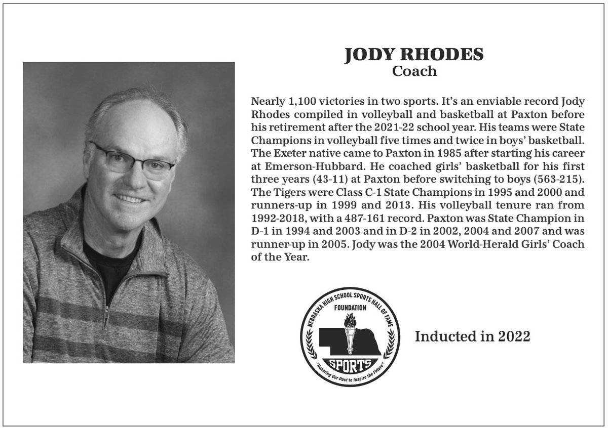 NebHallOfFame's tweet photo. Welcome to the Hall! Jody Rhodes' legacy as a Volleyball and Basketball Coach at Paxton will forever be in the @NebHallOfFame! @PaxtonSchools #nebpreps https://t.co/eDZMegSjDE