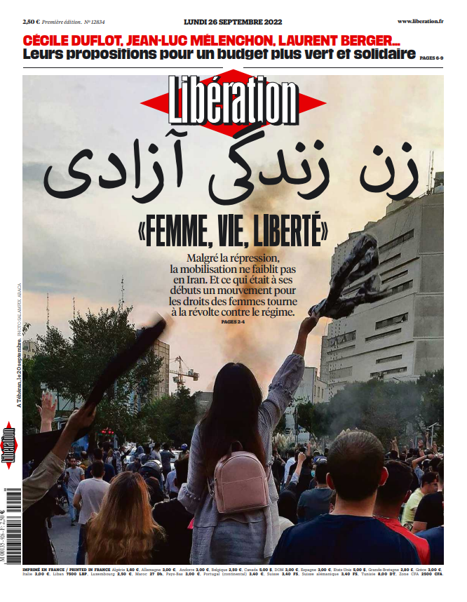 A la une de <a href="/libe/">Libération</a> ce lundi :

🇮🇷 «Femme, vie, liberté»

journal.liberation.fr
#MahsaAmini #Iran